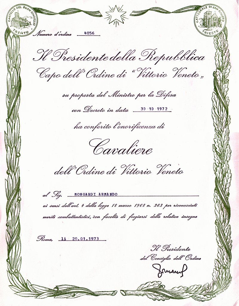 Diploma di CAVALIERE DI VITTORIO VENETO di ARMANDO MONGARDI